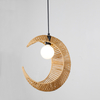 Artistic Natural Paper Rattan Woven Moon Shaped Pendant Light Fixture For Indoor Decor