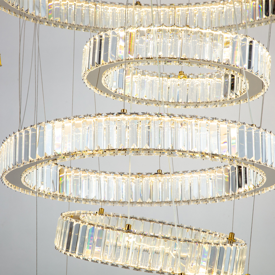 High-End Luxurious LED Crystal Stainless Steel Chandelier Six Circle Rings For Hotel Villa