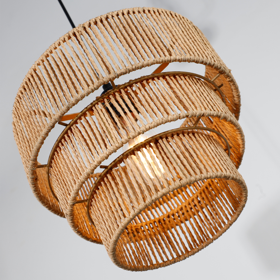 Natural Paper Rattan Woven Pendant Light Fixture Multi-Layered Circular Shape For Indoor Decor
