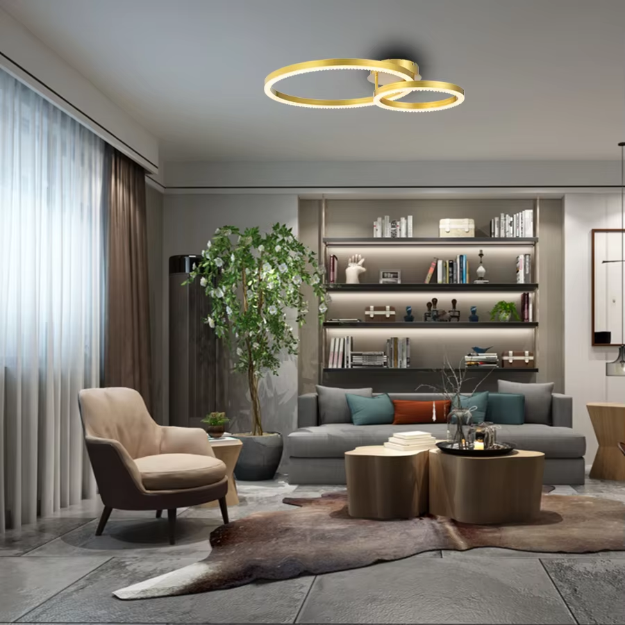 Modern Two Rings Gold Color Aluminum Ceiling Lighting With Transparent Acrylic
