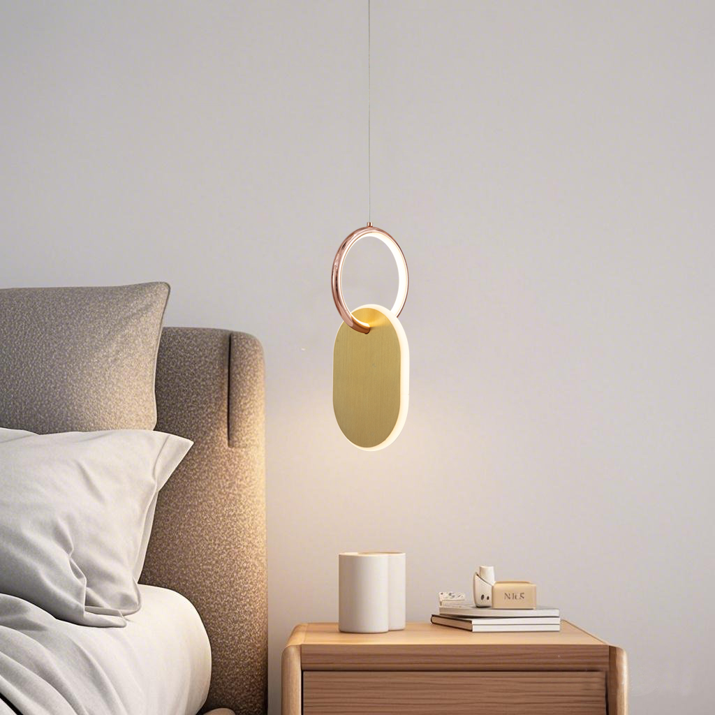 Modern LED Aluminum Double Rings Pendant Light Bedside Pendant Lamp Bronze Color Oval Finished 3000K