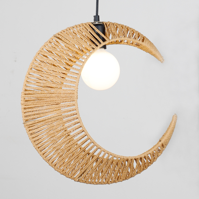 Artistic Natural Paper Rattan Woven Moon Shaped Pendant Light Fixture For Indoor Decor