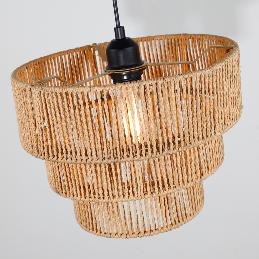 Natural Paper Rattan Woven Pendant Light Fixture Multi-Layered Circular Shape For Indoor Decor