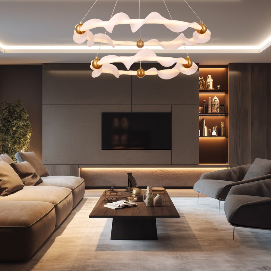 Round Circle Mesh Fabric Silicone LED Pendant Chandelier Two Tiers For Living Room