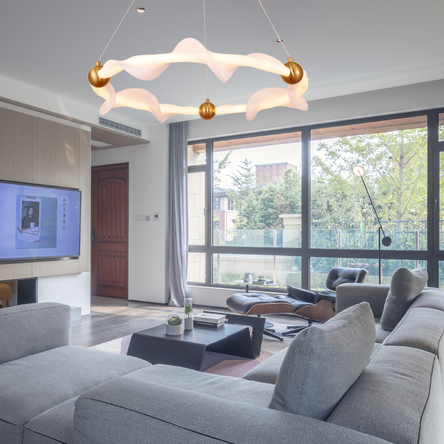 Round Circle Mesh Fabric Silicone LED Pendant Chandelier For Living Room