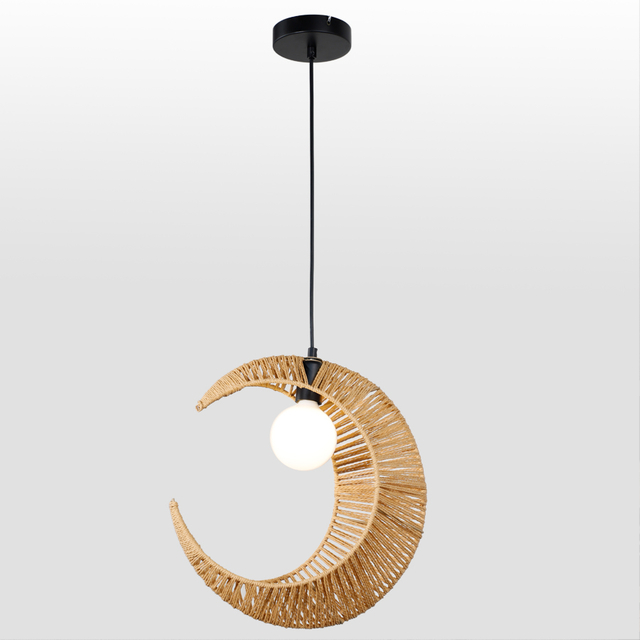 Artistic Natural Paper Rattan Woven Moon Shaped Pendant Light Fixture For Indoor Decor