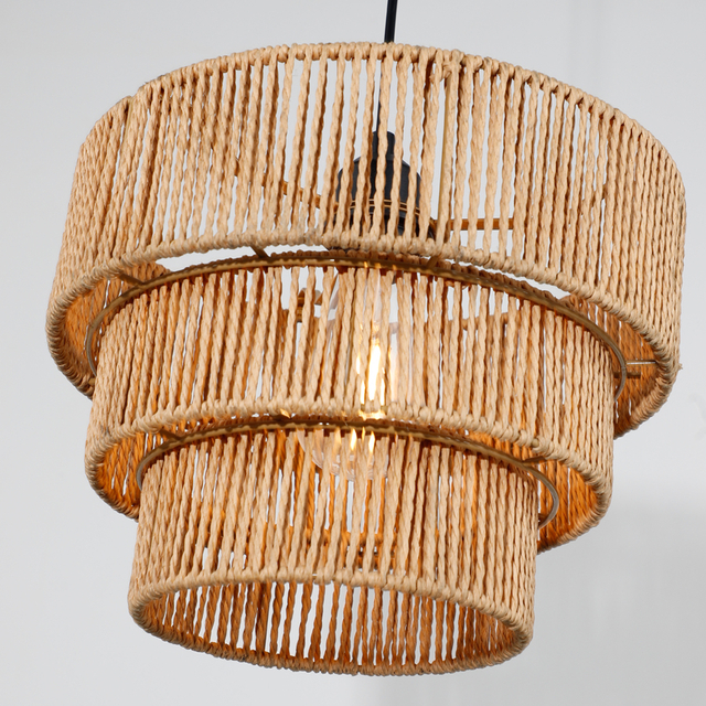 Natural Paper Rattan Woven Pendant Light Fixture Multi-Layered Circular Shape For Indoor Decor