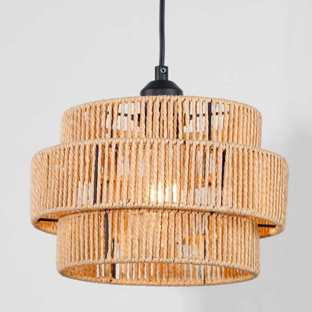 Natural Paper Rattan Woven Pendant Light Fixture Circle-Shaped For Indoor Decor