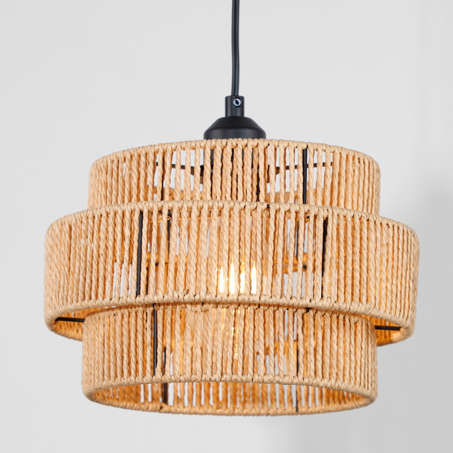 Natural Paper Rattan Woven Pendant Light Fixture Circle-Shaped For Indoor Decor