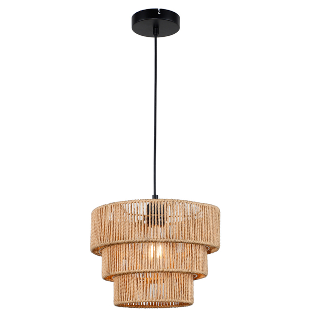 Natural Paper Rattan Woven Pendant Light Fixture Multi-Layered Circular Shape For Indoor Decor