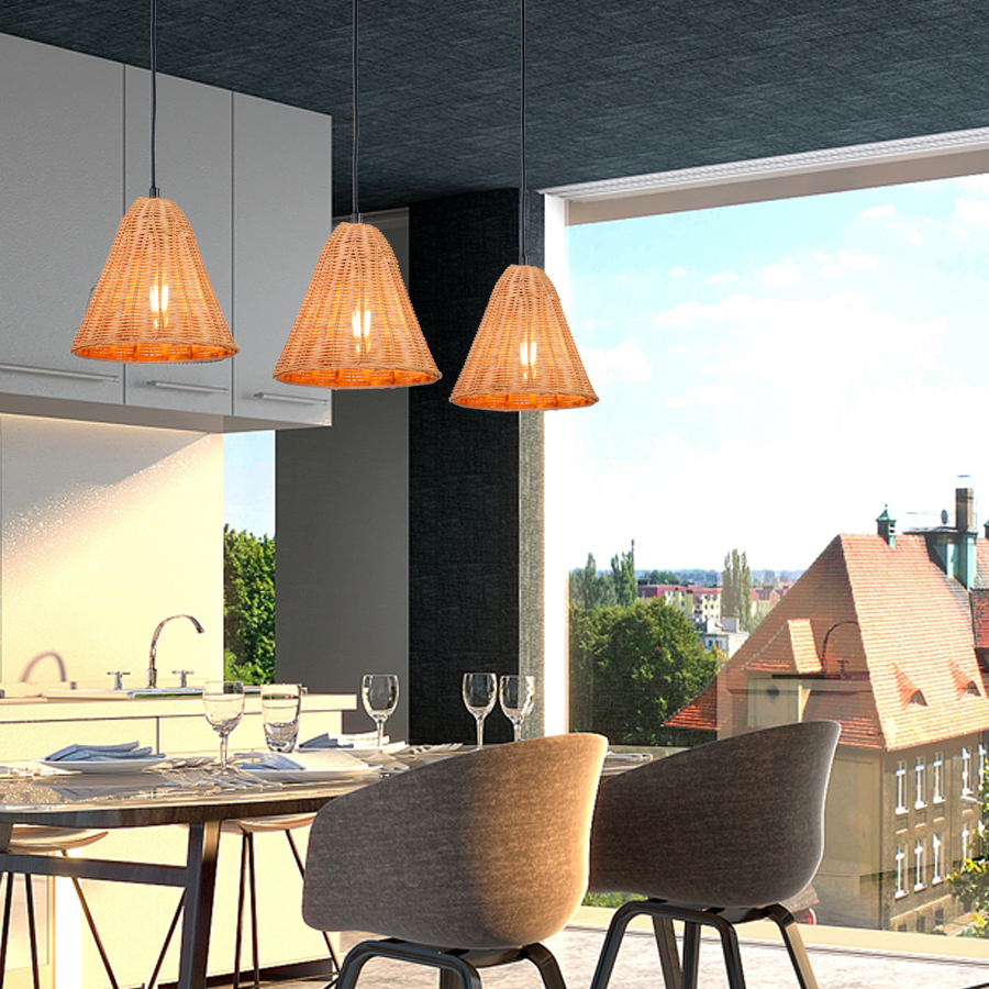 Handwoven Rattan Bell-Shaped Pendant Light Vintage Rustic Decor