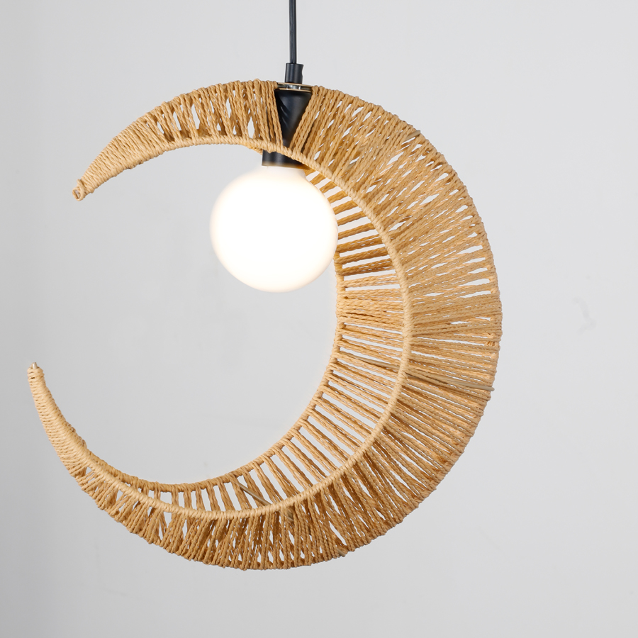 Artistic Natural Paper Rattan Woven Moon Shaped Pendant Light Fixture For Indoor Decor