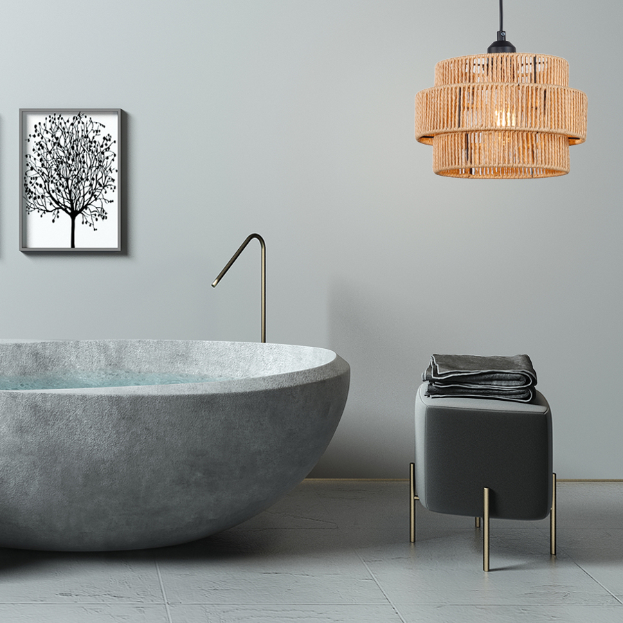 Natural Paper Rattan Woven Pendant Light Fixture Circle-Shaped For Indoor Decor