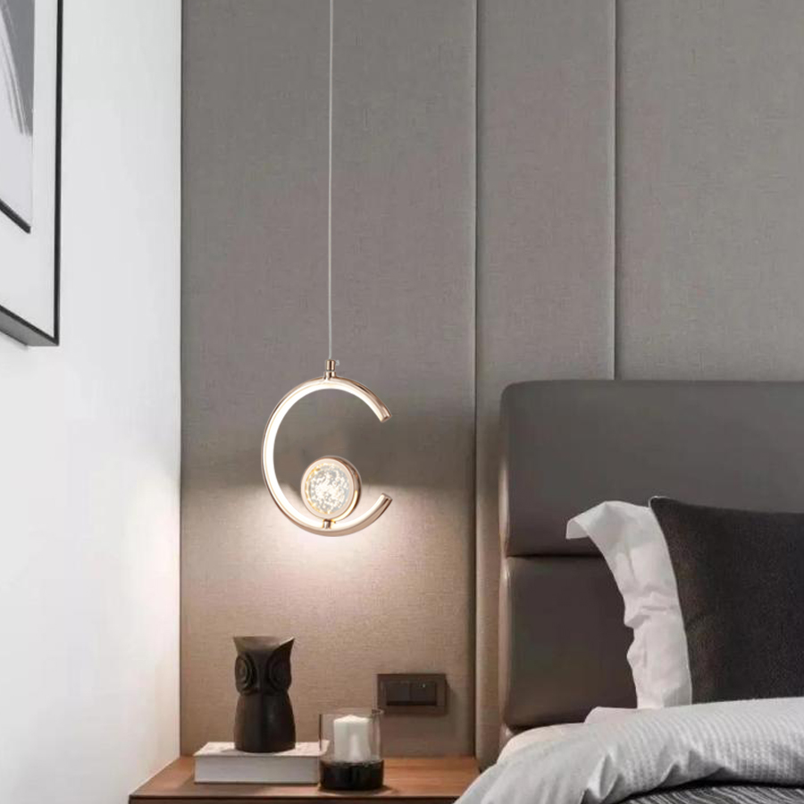 LED Aluminum Crystal Small Creative Circle Pendant Light Bedside Pendant Lamp